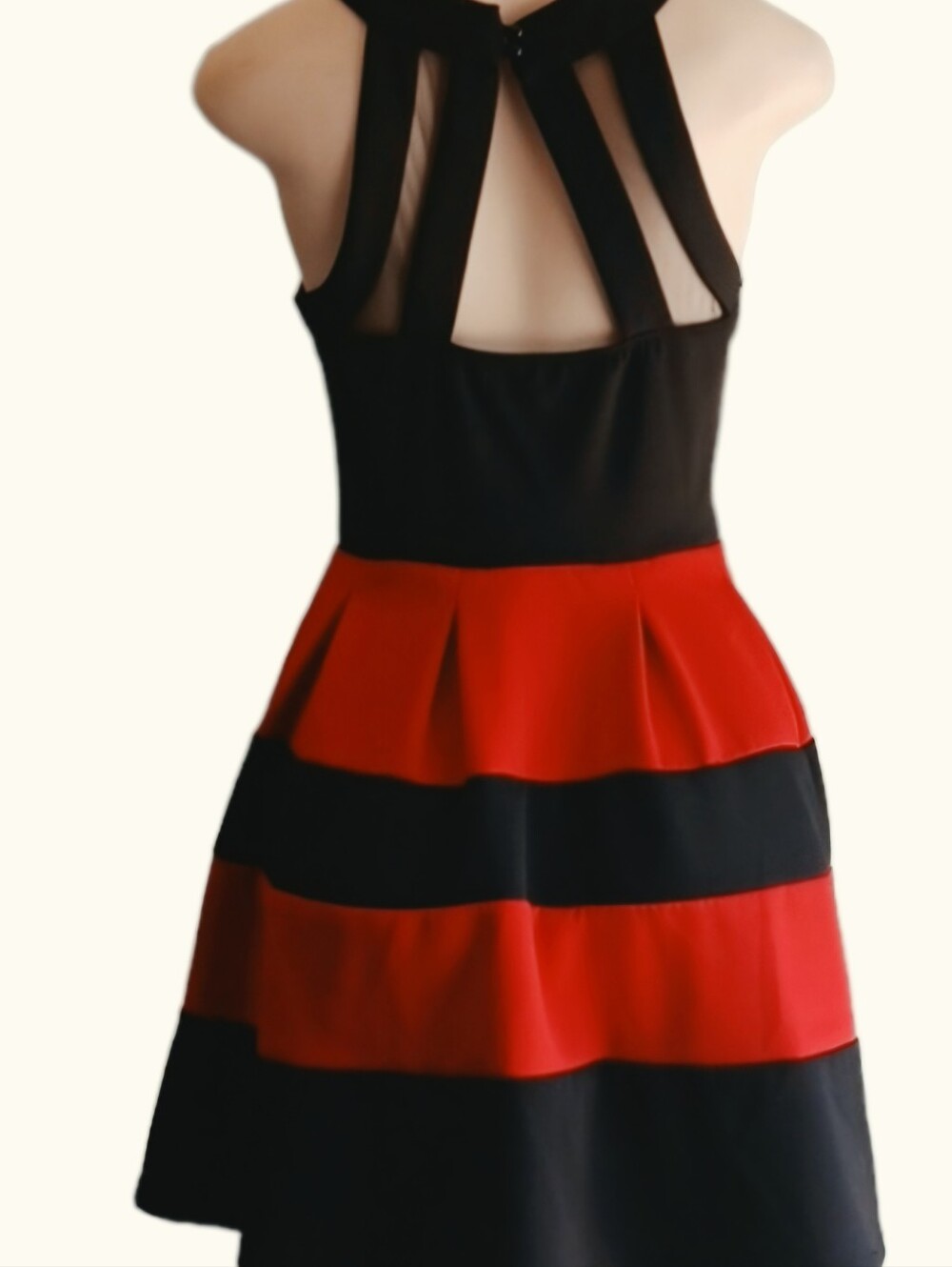 Striped Backless Fit-and-Flare Dress in Black and Red